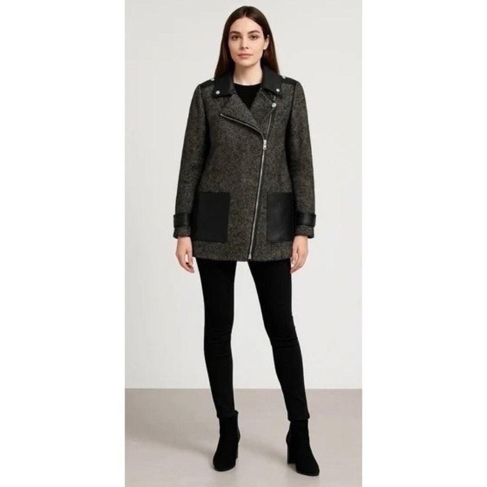 MAJE Ribiera Leather Tweed Coat Moto Inspired Pockets Zipper Size 38 US Medium